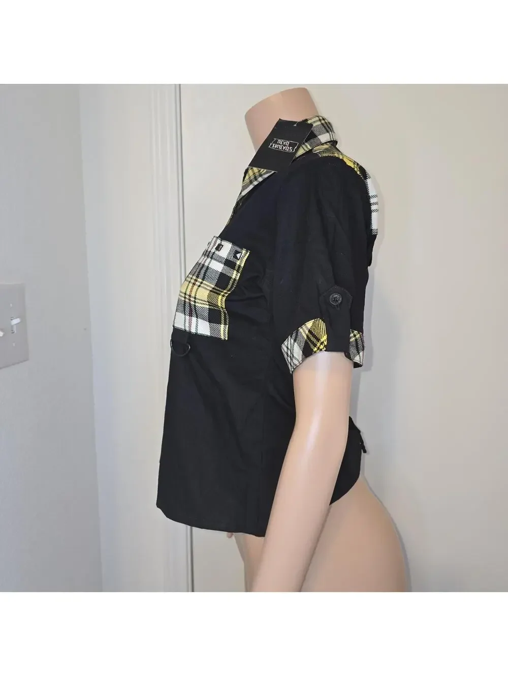 Dead Threads Women's Black Yellow Tartan Plaid Punk Blouse Sz M Collared Alt - Picture 5 of 12